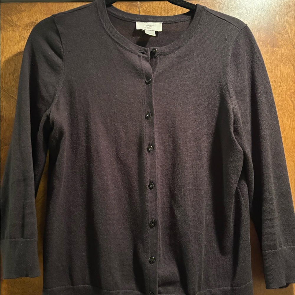LOFT Classic Black Knit Cardigan 3/4 Sleeve